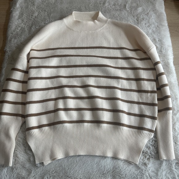 EE:SOMME Tan Cream Striped Ribbed Knit Sweater Women's ML Neck Pullover - Picture 1 of 7
